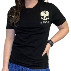 Vintage Y2K RAWKN Jeans Skull Streetwear Graphic Tee Size Medium Black Silver